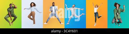 Diverse individuals leaping joyfully in a vibrant collage of colors Stock Photo