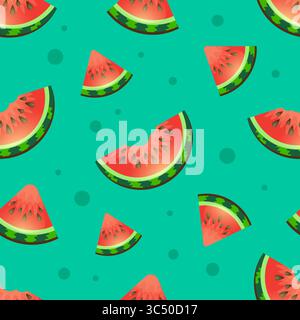 Seamless Green Pattern of Red Watermelon Slices with seeds. Bright Positive summer fruit background. Seamless watermelons pattern. Background with red Stock Vector