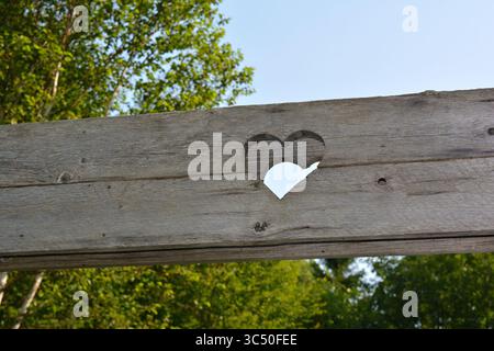 A heart-shaped cut-out in weathered wooden planks, set against a backdrop of green trees and a blue sky. Symbolizes love, nature, rustic charm, and co Stock Photo