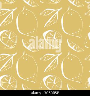 Seamless pattern with white lemon slices and leaves on yellow background for fun summer textile and wrapping designs Stock Vector