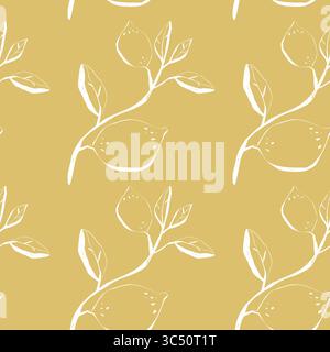 White lemon branch seamless pattern on bright yellow background for summer textile wrapping and kitchen decor Stock Vector