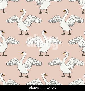Hand drawn ink line art swan with spread wings seamless pattern on pink background Stock Vector