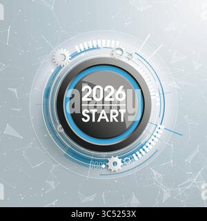 Network Start Button 2026 Abstract network background with a button with the text Start 2026. Stock Photo