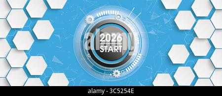 2026 Start Button White Hexagon Network Banner Hexagon structure with network and black button button with the text 2026 Start. Stock Photo