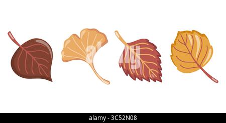 Autumn leaves set with ginkgo, birch and heart-shaped foliage. Vector isolated illustration on white background. Stock Vector