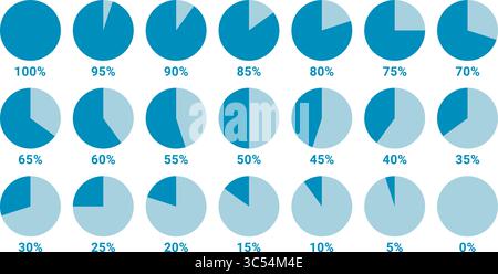 Set of vector blue pie chart percentage icons ranging from 0% to 100% in 5% steps, designed for infographics, UI dashboards and presentation design. Stock Vector