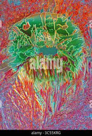 Polarised light micrograph of hydroquinone and photographic chemicals. Hydroquinone is an aromatic organic compound that acts as a skin depigmentation agent by inhibiting melanin synthesis. It is a key ingredient in many Kodak photographic developers, particularly those designed for high-contrast images. Magnification: x186 when printed 10 centimetres wide. Stock Photo