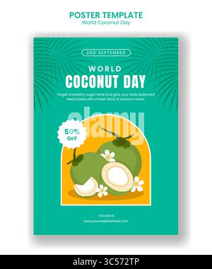 World Coconut Day Hand Drawn Flat Illustration for Vertical Poster Stock Vector