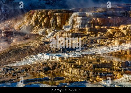 Travertine Terraces of Mammoth Hot Springs in Yellowstone National Park, Wyoming. Stock Photo