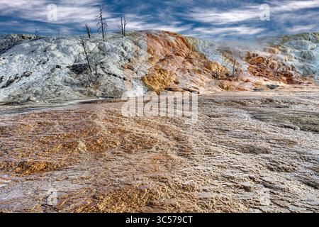 Travertine Terraces of Mammoth Hot Springs in Yellowstone National Park, Wyoming. Stock Photo