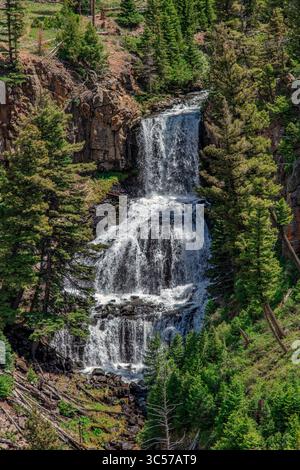 Undine Falls is a three-tiered waterfall along Lava Creek in Yellowstone National Park. Stock Photo