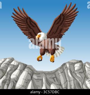 Vector illustration of a bald eagle flying above rugged mountains. Detailed feathers and vibrant colors enhance realism and dynamic composition Stock Vector