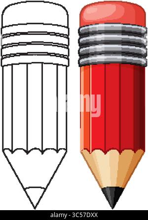 Vector illustration showcasing a red pencil in both outline and colored styles, highlighting contrast and design versatility Stock Vector