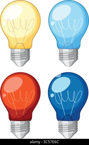 Vector illustration of four colorful light bulbs in different shades. Clean lines and vibrant colors enhance visual appeal Stock Vector