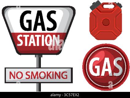 Vector illustration of gas station signs and fuel can. Bold colors, clear typography, and modern design elements Stock Vector