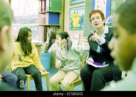Flamingo primary school Hoofddorp, Hoofddorp, The Netherlands, 17-01-2001 Whizgle News, Dutch Desk, The Netherlands, 1950-2000 A teacher engages in a lively discussion with a group of students seated in a classroom, where two girls share a moment of laughter while a third girl listens attentively. The teacher actively participates, gesturing as she speaks, creating an atmosphere of collaboration and learning. Stock Photo