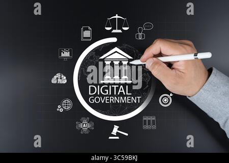 Visual concept of digital government. Includes icons for artificial intelligence, cloud computing, data analytics, legal system, and digital public se Stock Photo