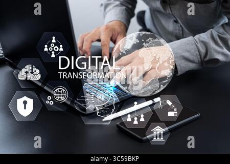 Modern concept of digital transformation. Businessman using laptop with artificial intelligence, automation, cloud, cybersecurity, and global data net Stock Photo