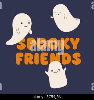 Vector Halloween illustration with three cute smiling ghosts and Spooky Friends lettering on dark background. Fun and friendly cartoon design perfect Stock Vector