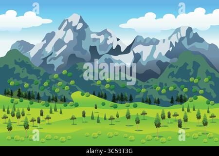 A vector illustration of Snowy Mountain Rural Area Background Stock Vector