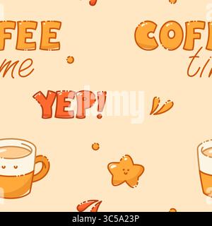 Kawaii seamless pattern with coffee time and yep words drawn in pastel colors. Includes a cup, stars and drops. Stock Vector