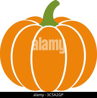 A bright orange pumpkin with white lines indicating its segments and a short green stem on a white background. Stock Vector