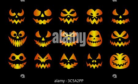 A grid of fifteen distinct carved pumpkins with illuminated interiors, showcasing a variety of spooky and expressive faces against a dark backdrop. Stock Vector