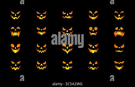 A grid of twenty illuminated jack-o'-lanterns with carved faces, each glowing with an orange light against a stark black backdrop. Stock Vector