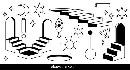 Surreal architectural elements with door portals, impossible stairs, geometric arches, moon and stars, sun and eye with tear drop. Abstract line art for mystic interior design, dreamlike spaces frame Stock Vector