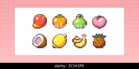Pixel art fruit set - retro 8 bit style mango and orange, pear and peach, coconut with lemon, banana bunch near pineapple icons. Colorful gaming food for mobile apps, indie games or digital design. Stock Vector