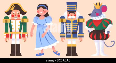 Nutcracker characters set - soldiers in green and blue uniform, princess in dress, mouse king wearing crown. Christmas ballet figures for holiday decoration, festive theater performance illustration Stock Vector