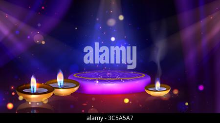 Diwali scene with glowing purple mandala platform, golden oil lanterns burning blue flames, bokeh magical sparkles on dark background - spiritual atmosphere for Indian festival of lights cards. Stock Vector