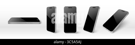 Modern smartphone mockup showing silver device from different angle views - horizontal flat, vertical standing, tilted perspective with black glossy screen for app presentation or digital marketing. Stock Vector