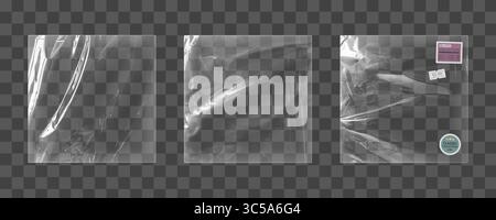 Clear plastic vinyl wrap set - transparent packaging materials, glossy protective film sheets with classic sticker, pink barcode label, price tag of retail display for storage and shipping purposes. Stock Vector