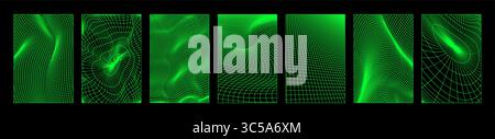 Y2k grid background set with neon green wireframe patterns for retro futuristic design and digital art. Glowing mesh textures with curved perspective lines. Cyberpunk aesthetic for posters or web. Stock Vector
