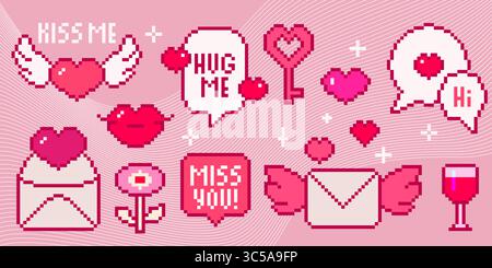 Pink pixel art Valentine collection with hearts, love letters and romantic messages - retro 8 bit style wings, envelopes, wine glass on wavy striped bg. Digital nostalgia design for gaming aesthetics. Stock Vector