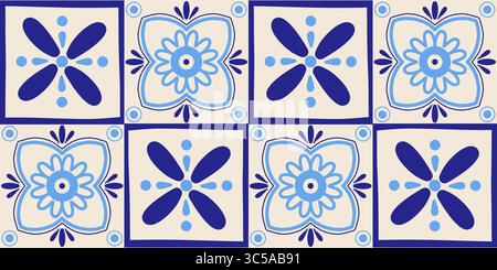 Seamless azulejos ceramic design tiles pattern. Hand drawn traditional blue floral and geometric vector background. Stock Vector