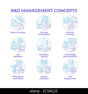 Research and development management blue gradient concept icons Stock Vector
