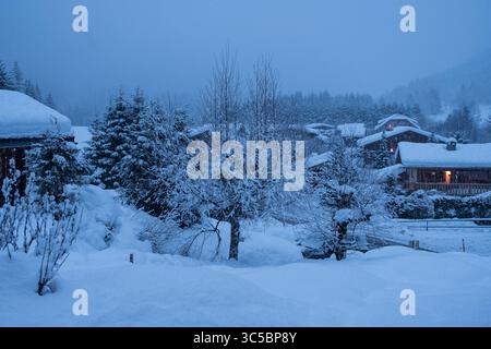 Snow-covered trees and wooden chalets in Chamonix, France, during a peaceful winter evening with soft blue light and a quiet mountain atmosphere. A tr Stock Photo