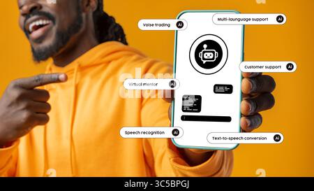 Innovative technology application showcasing advancements in artificial intelligence for customer support and virtual mentoring Stock Photo
