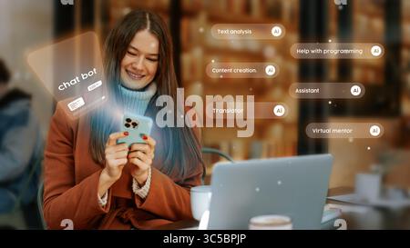 Young woman using smartphone in cafe while engaging with AI chatbot for creative tasks and programming assistance Stock Photo