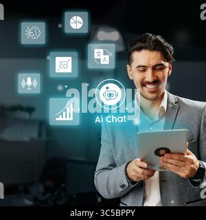 Professional man engaged in an interactive AI chat with digital elements in a modern office setting Stock Photo