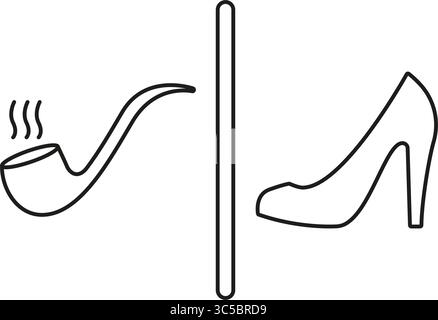 Smoking Pipe And High Heel Shoe Line Icon. Gender WC Outline Symbol. Vintage Gentlemen and Elegant Lady Restroom Indicators. Editable Stroke. Isolated Stock Vector