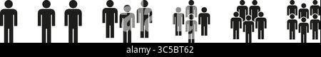 People Grouping Progression Solid Icon Set. Social Dynamics, Community Growth, And Population Increase Silhouette Symbol Collection. Human Interaction Stock Vector