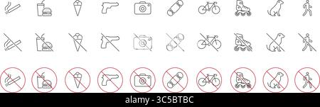 Prohibited Activities And Items Icon Set. No Smoking, Eating, Photography, Weapons And More Restriction Symbols. Public Space Rules And Regulations Stock Vector
