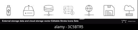 External storage data and cloud storage vector Editable Stroke Icons Sets Stock Vector
