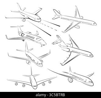 Sketches of big passenger planes of different models. Stock Vector