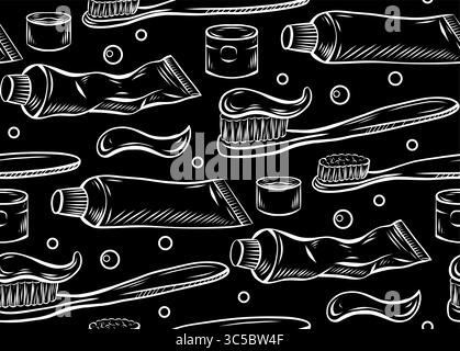 Vector seamless pattern with toothbrushes, bubbles and toothpaste. Texture with white contour drawing of dentist tool on black background for wallpape Stock Vector