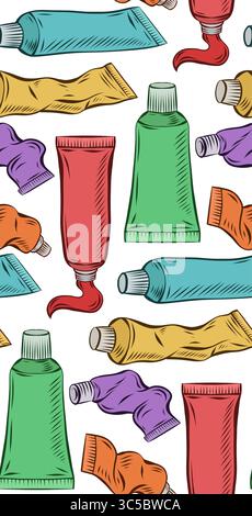 Vector seamless pattern with tubes of acrylic paint. Texture with drawn multi-colored tubes with hatching on white background. Wallpaper Stock Vector