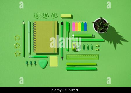 Flat lay of green stationery set including notebook, pens, pencil, ruler, sticky notes, paper clips, push pins, eraser, and small potted plant on brig Stock Photo